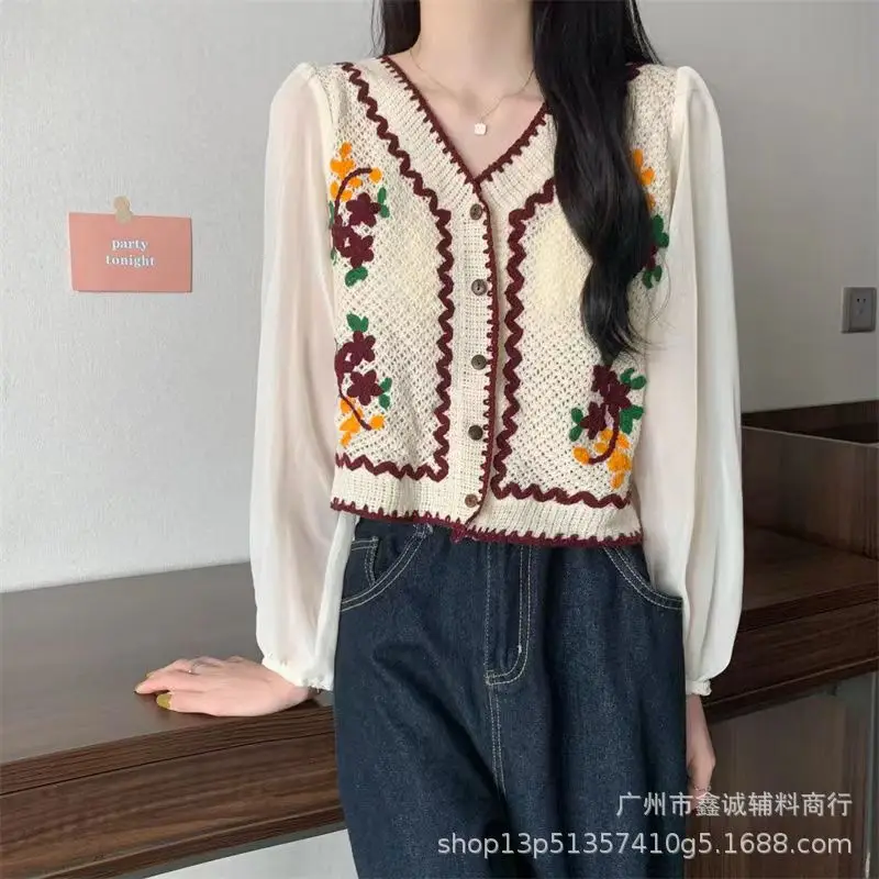 Korean Style Crochet V-Neck Shirt with Embroidered Design - Image 10