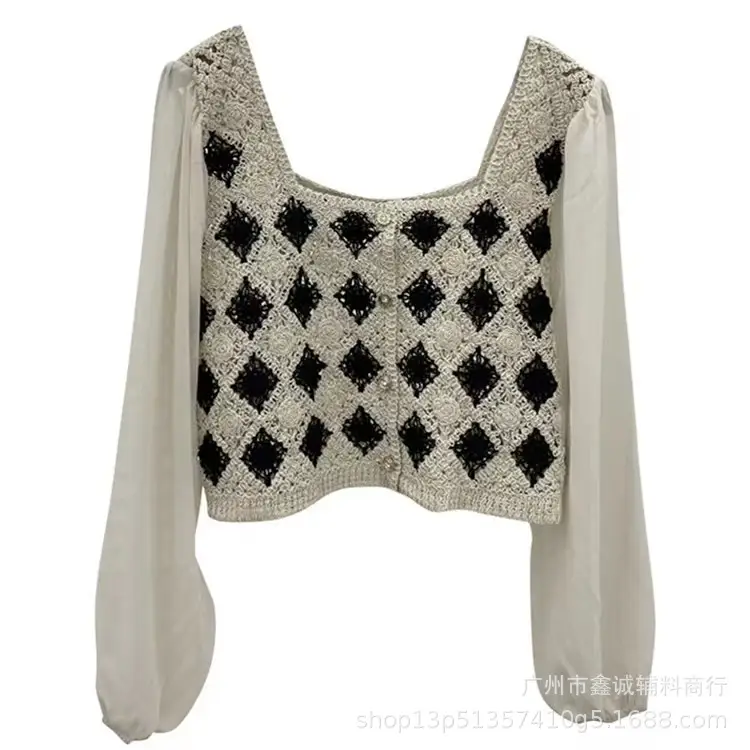 Korean Style Crochet V-Neck Shirt with Embroidered Design - Image 16