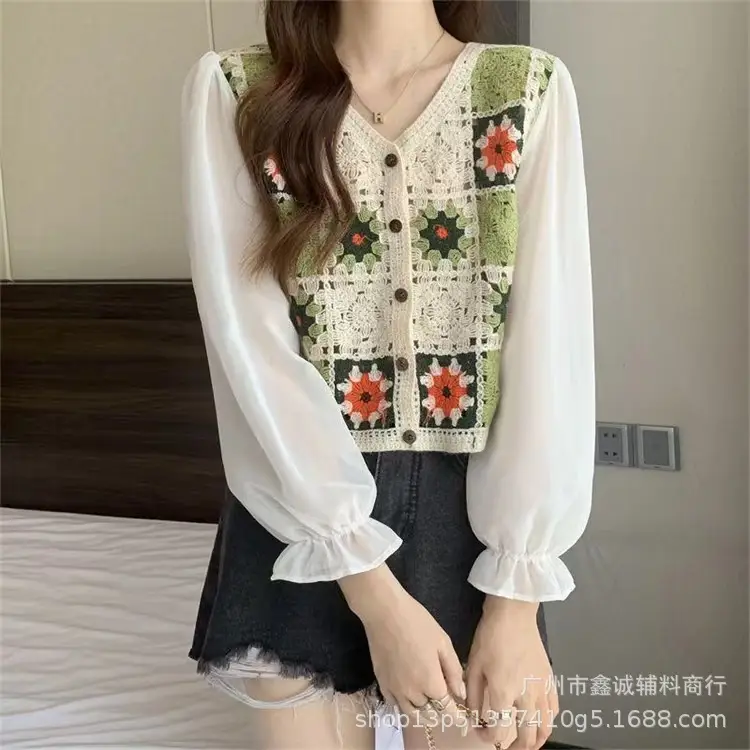 Korean Style Crochet V-Neck Shirt with Embroidered Design - Image 18