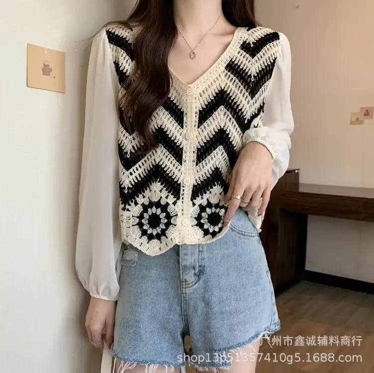 Korean Style Crochet V-Neck Shirt with Embroidered Design - Image 21