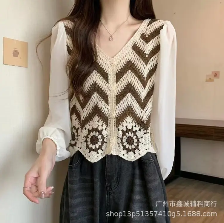 Korean Style Crochet V-Neck Shirt with Embroidered Design - Image 22