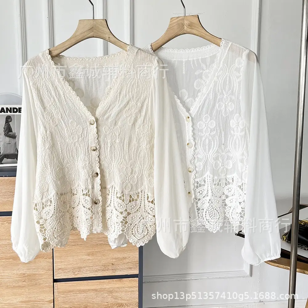 Korean Style Crochet V-Neck Shirt with Embroidered Design - Image 23