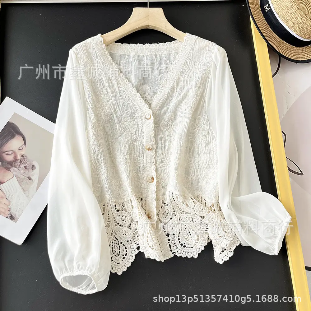 Korean Style Crochet V-Neck Shirt with Embroidered Design - Image 24