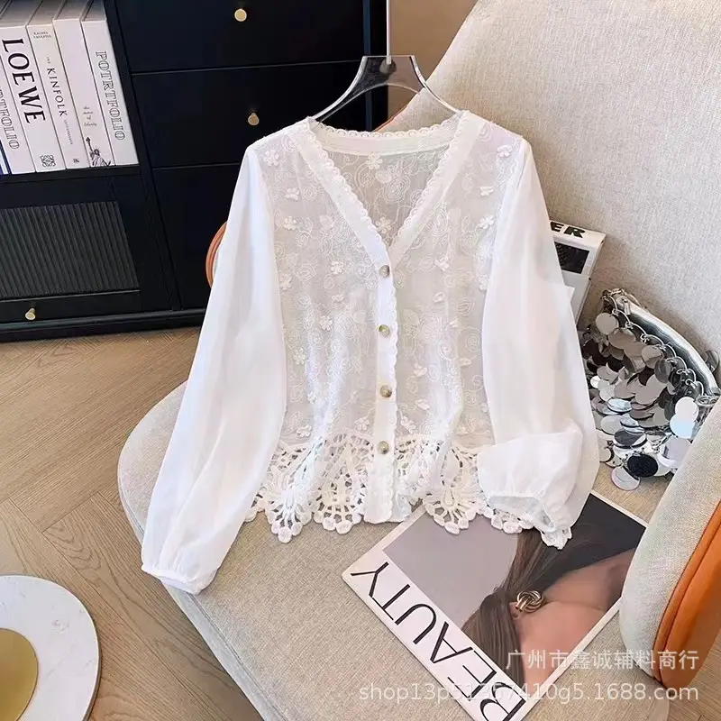 Korean Style Crochet V-Neck Shirt with Embroidered Design - Image 25