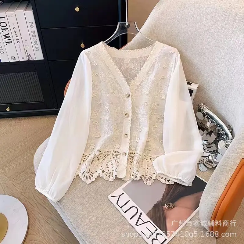 Korean Style Crochet V-Neck Shirt with Embroidered Design - Image 26