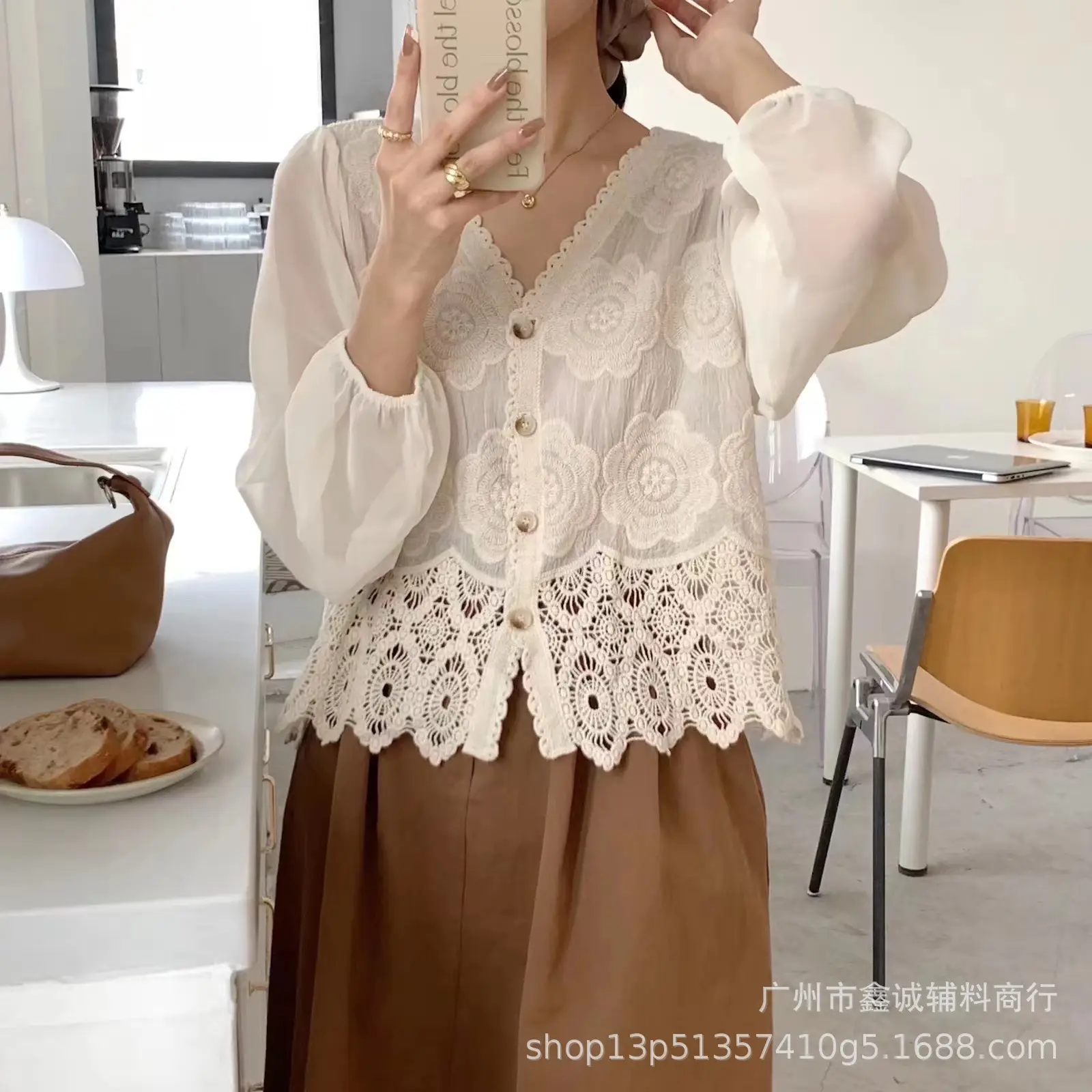 Korean Style Crochet V-Neck Shirt with Embroidered Design - Image 3