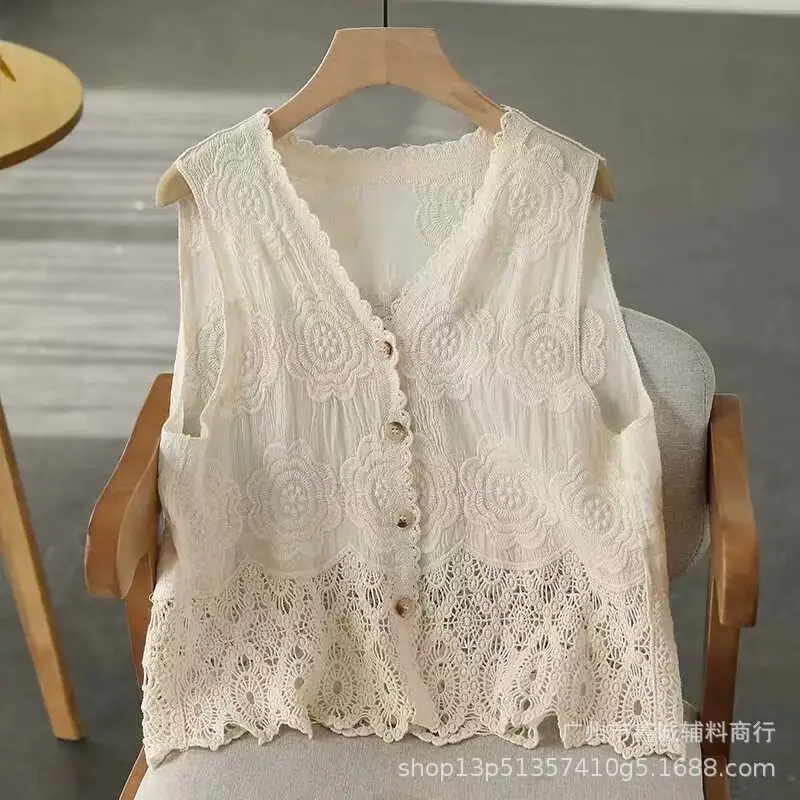 Korean Style Crochet V-Neck Shirt with Embroidered Design - Image 28