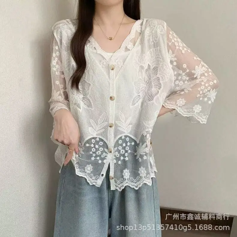 Korean Style Crochet V-Neck Shirt with Embroidered Design - Image 29