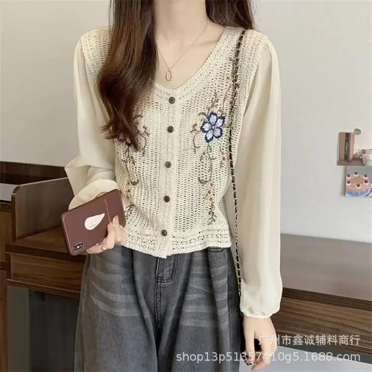 Korean Style Crochet V-Neck Shirt with Embroidered Design - Image 6