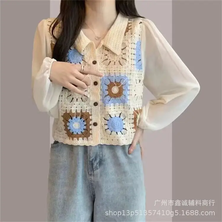 Korean Style Crochet V-Neck Shirt with Embroidered Design - Image 7