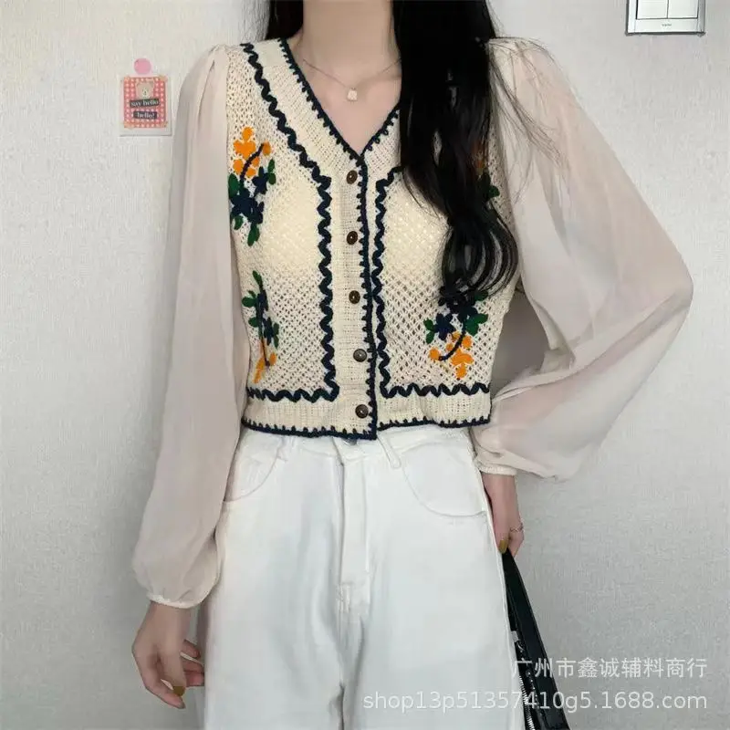 Korean Style Crochet V-Neck Shirt with Embroidered Design - Image 8