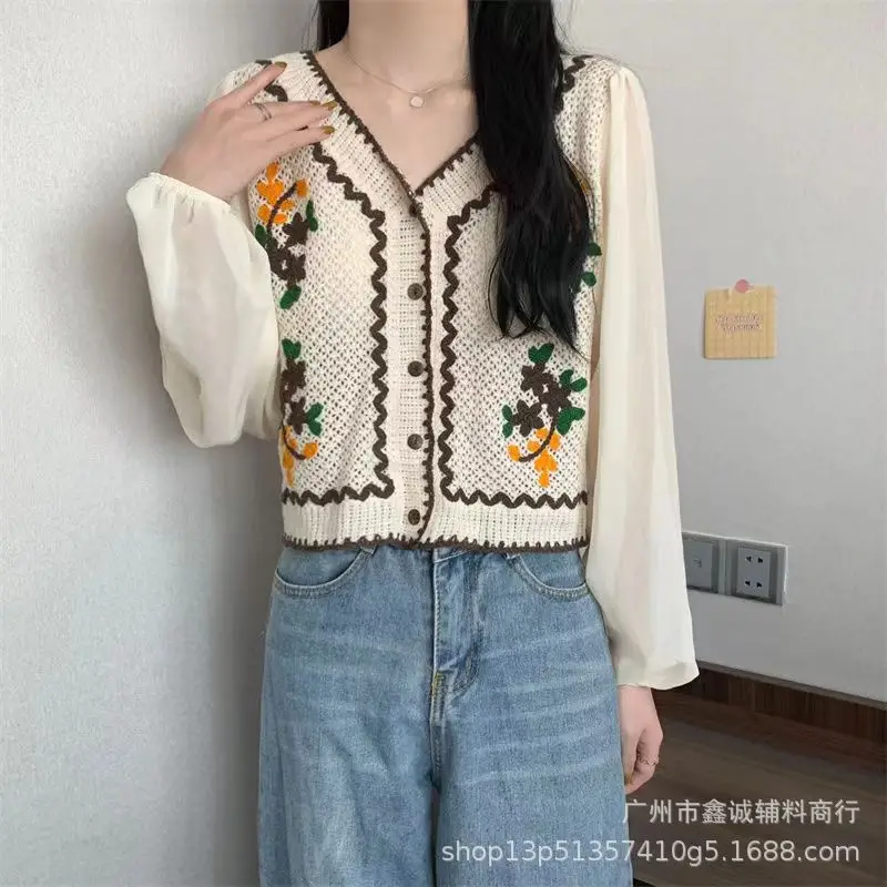 Korean Style Crochet V-Neck Shirt with Embroidered Design - Image 9