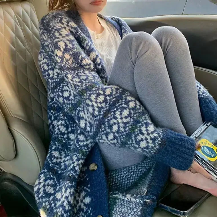 Women Long Knitted Ethnic Sweater Jacket Large - Image 3