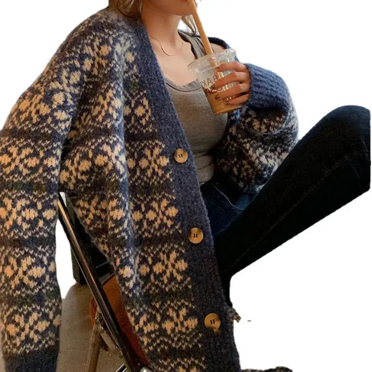Women Long Knitted Ethnic Sweater Jacket Large - Image 5