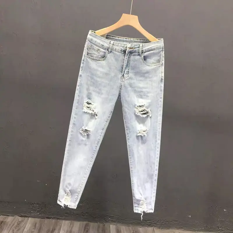 Men Ripped Skinny Jeans Slim Fit Cropped Pajamas - Image 4