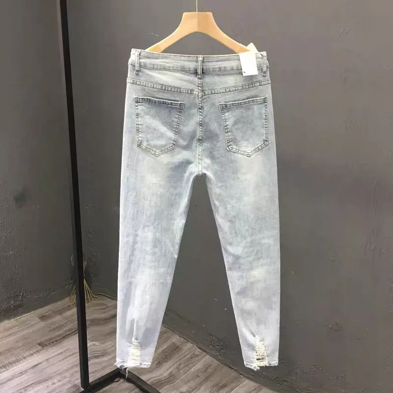 Men Ripped Skinny Jeans Slim Fit Cropped Pajamas - Image 5
