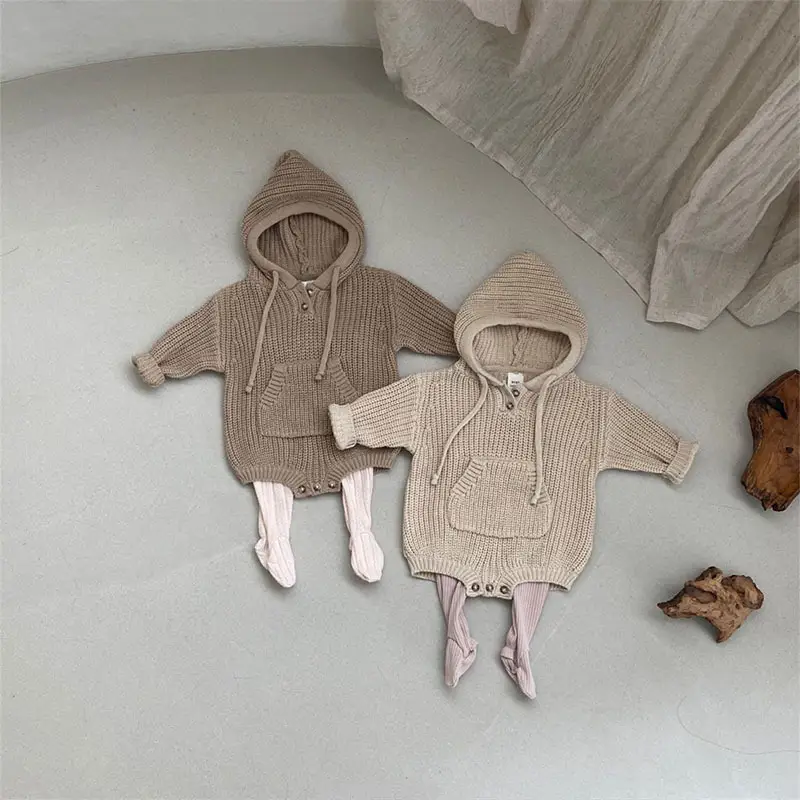Korean Style Hooded Knitted Jumpsuit for Kids Brown