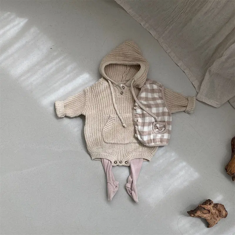 Korean Style Hooded Knitted Jumpsuit for Kids Brown