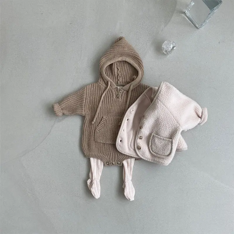 Korean Style Hooded Knitted Jumpsuit for Kids Brown