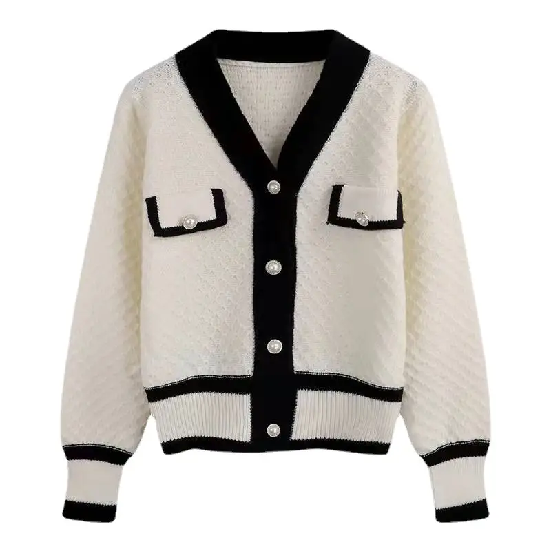 Women V Neck Knitted Cardigan Pink Cream 2025 Spring Fall - Image 9