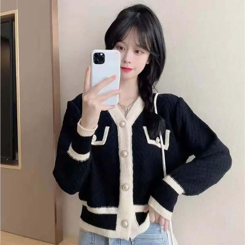 Women V Neck Knitted Cardigan Pink Cream 2025 Spring Fall - Image 2