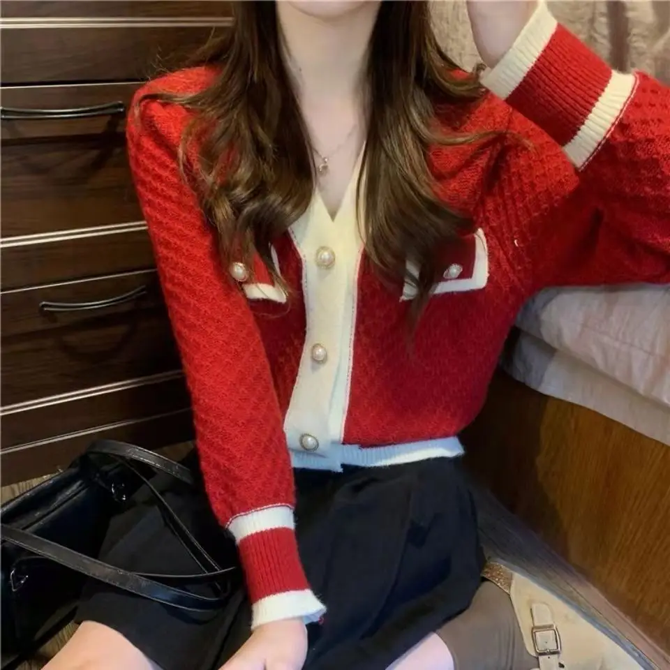 Women V Neck Knitted Cardigan Pink Cream 2025 Spring Fall - Image 3