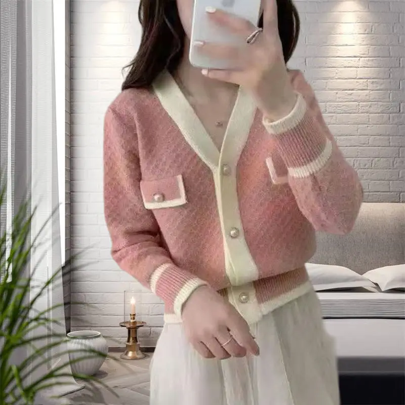 Women V Neck Knitted Cardigan Pink Cream 2025 Spring Fall - Image 4