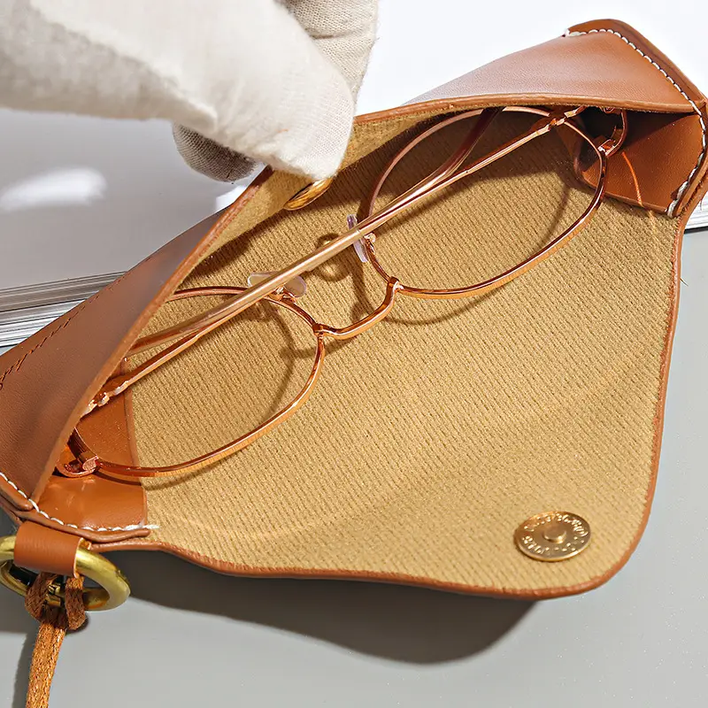 Tan PU Leather Sunglasses Storage Bag with Mirror