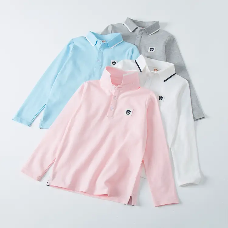 Children's Cotton Polo Shirt 2023 Spring Autumn Light Blue Pink White - Image 6