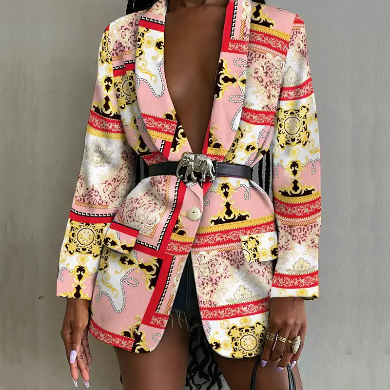 2021 Printed Shawl Collar Belt Suit Jacket for Women Blue - Image 3