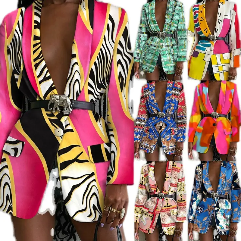 2021 Printed Shawl Collar Belt Suit Jacket for Women Blue - Image 7
