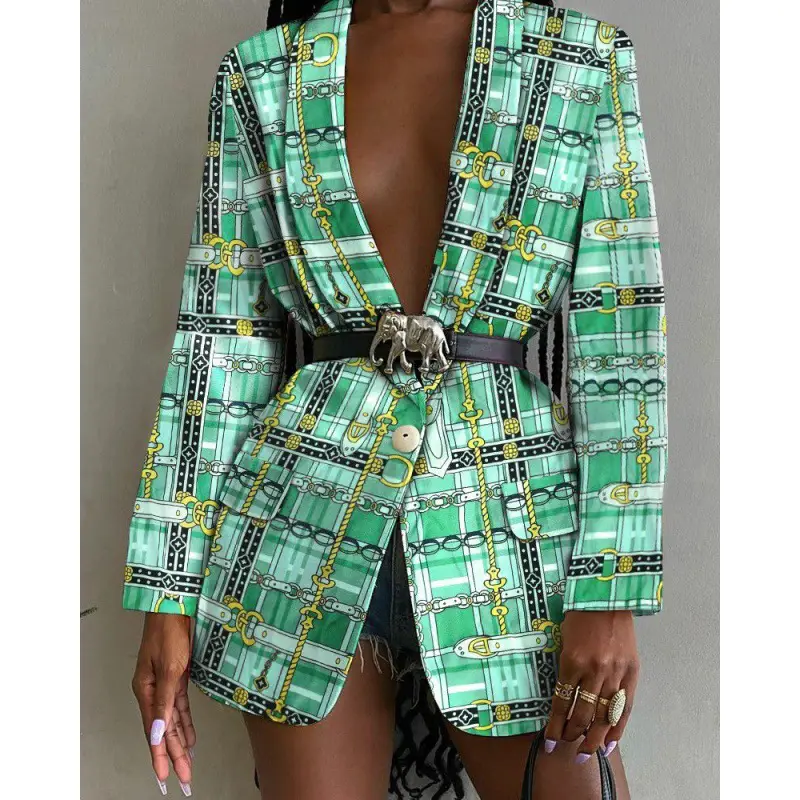 2021 Printed Shawl Collar Belt Suit Jacket for Women Blue - Image 2
