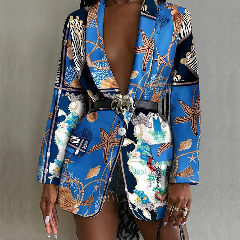 2021 Printed Shawl Collar Belt Suit Jacket for Women Blue - Image 5