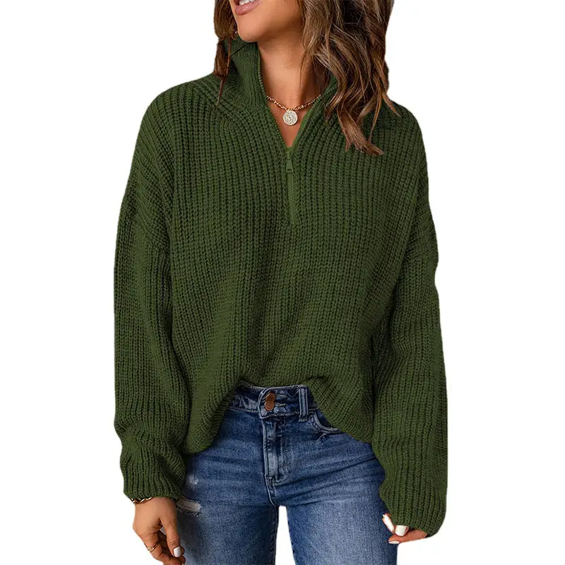 Women's Brown Waffle Knit Half-Collar Long Sleeve Top - Image 7