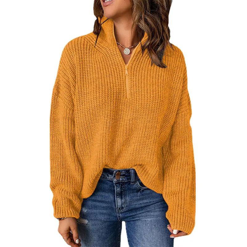 Women's Brown Waffle Knit Half-Collar Long Sleeve Top - Image 2