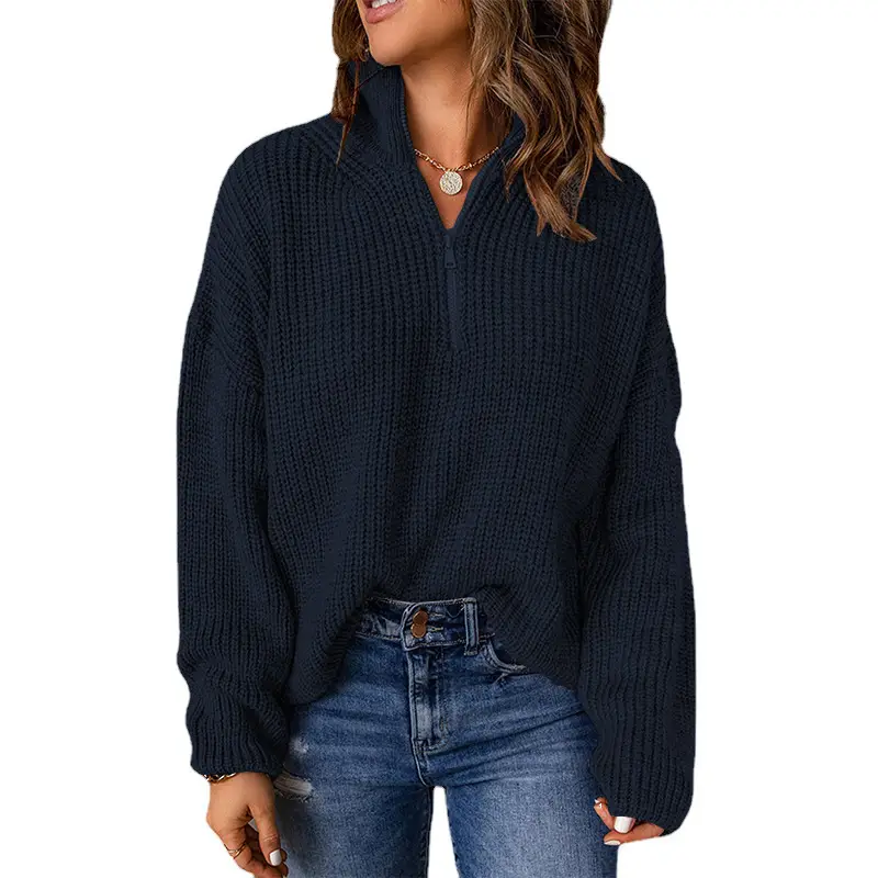 Women's Brown Waffle Knit Half-Collar Long Sleeve Top - Image 3