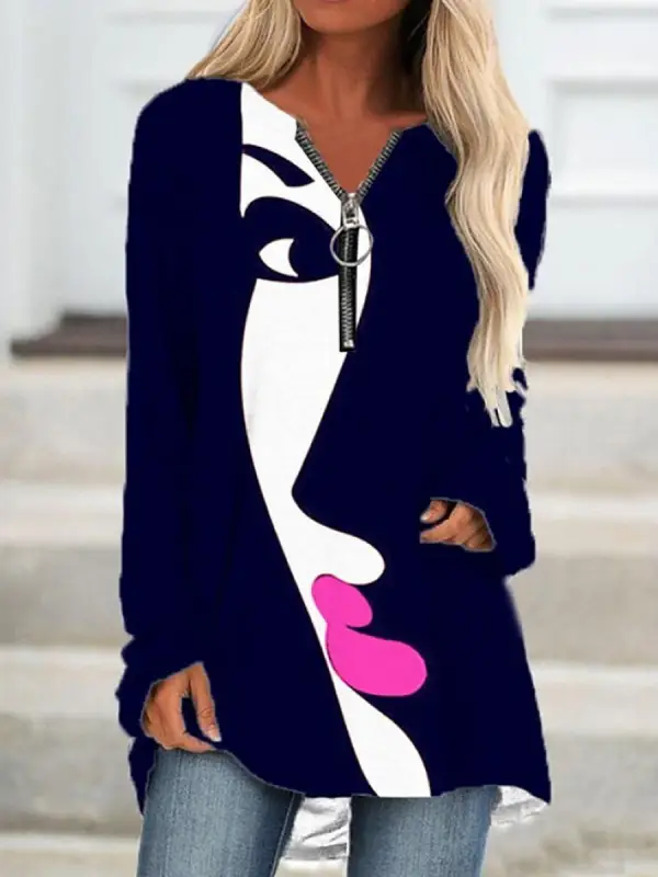 Women Printed Long Sleeve Zipper T-Shirt Navy White Pink - Image 6