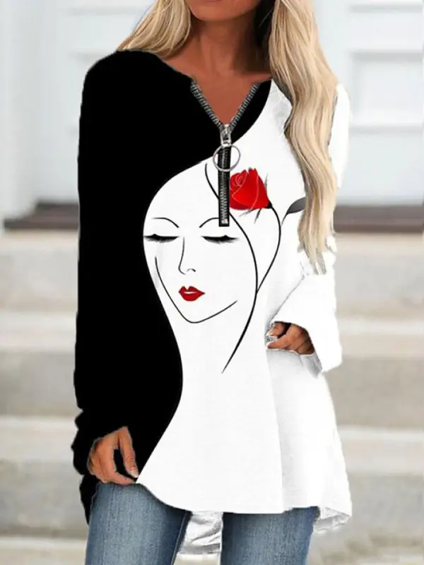 Women Printed Long Sleeve Zipper T-Shirt Navy White Pink - Image 4
