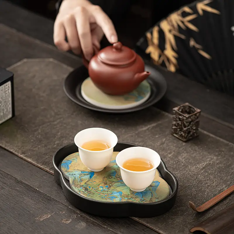 Black Chengguo Tea Tray with 2 Cups - Image 12