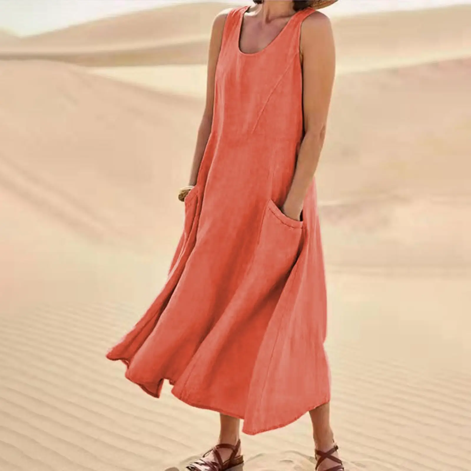 Women Cotton Linen Sleeveless Crewneck Dress Summer