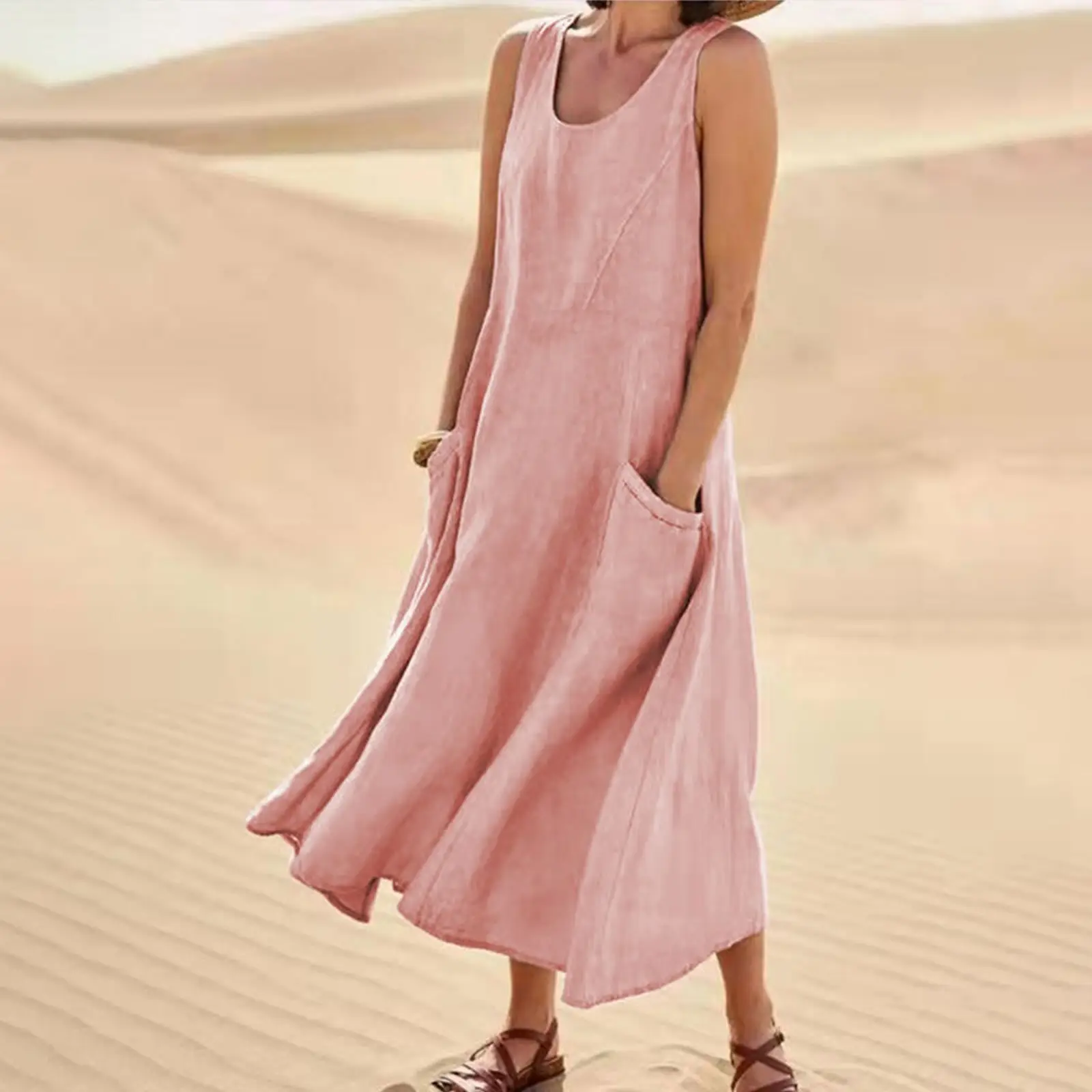 Women Cotton Linen Sleeveless Crewneck Dress Summer