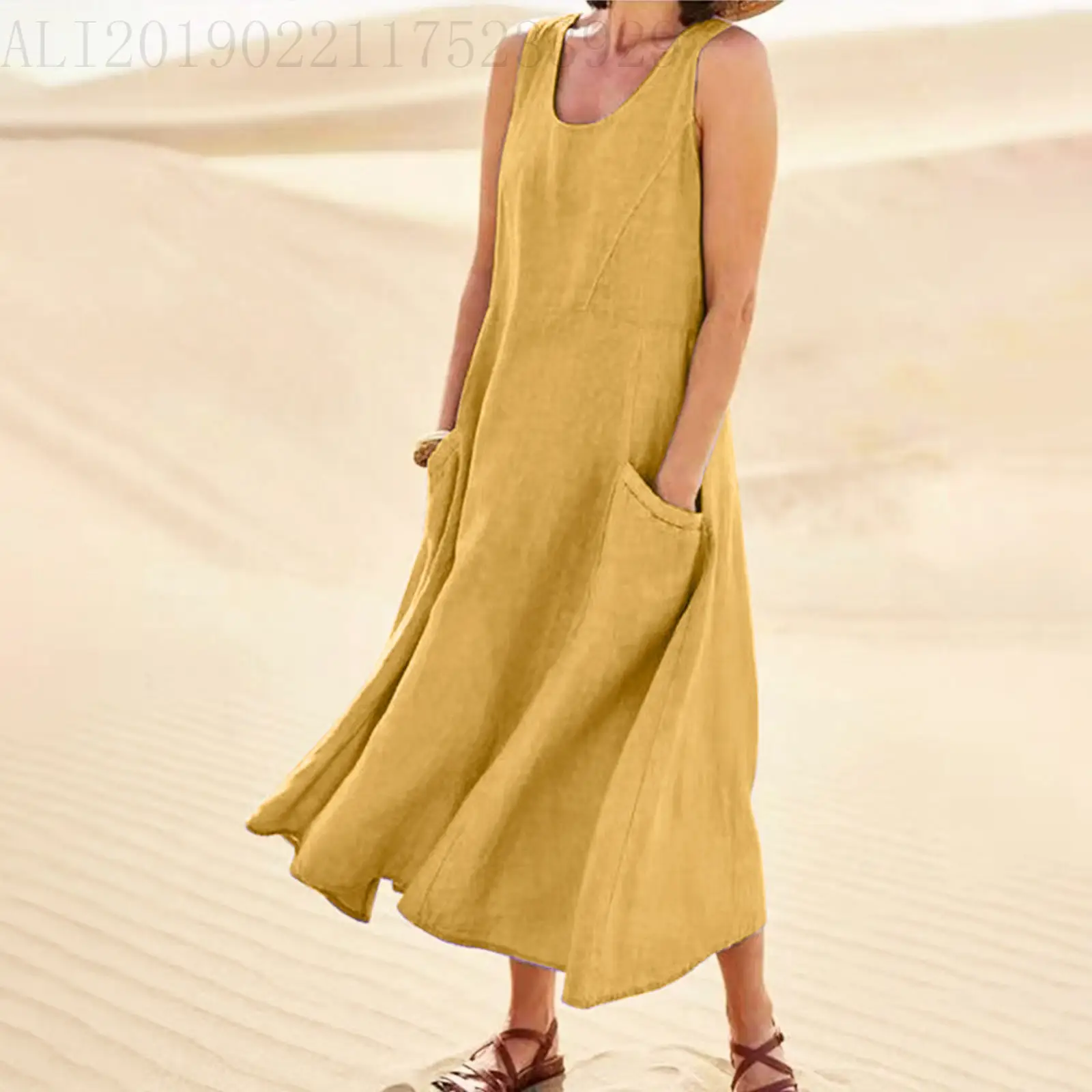 Women Cotton Linen Sleeveless Crewneck Dress Summer