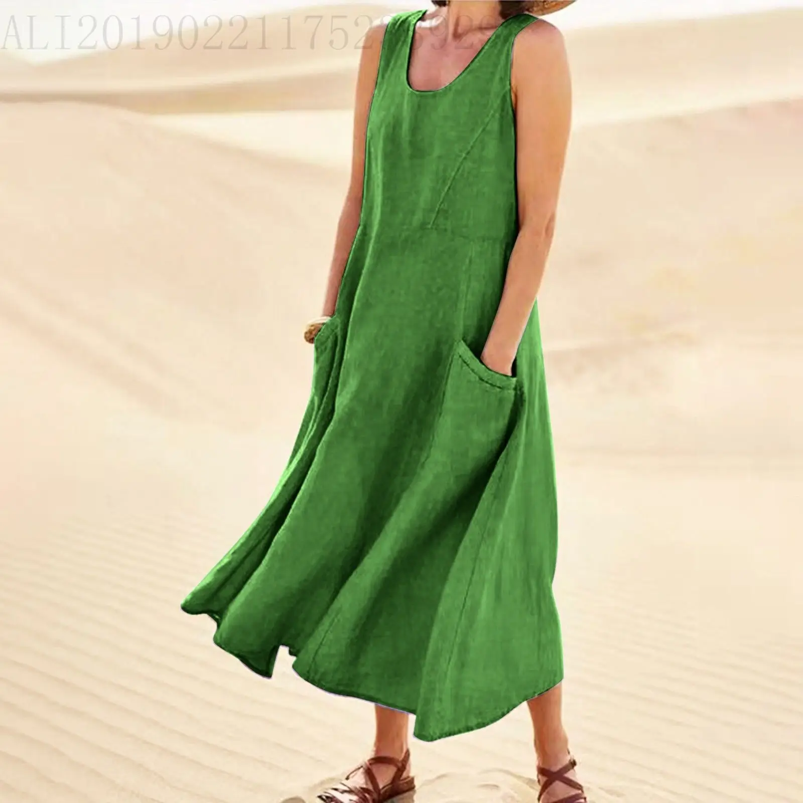 Women Cotton Linen Sleeveless Crewneck Dress Summer