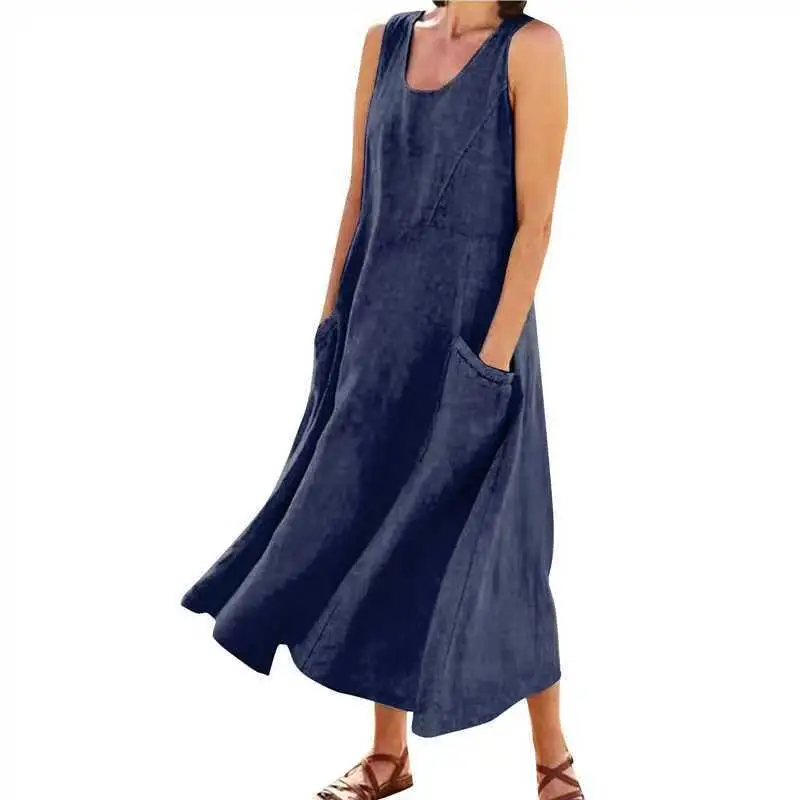 Women Cotton Linen Sleeveless Crewneck Dress Summer