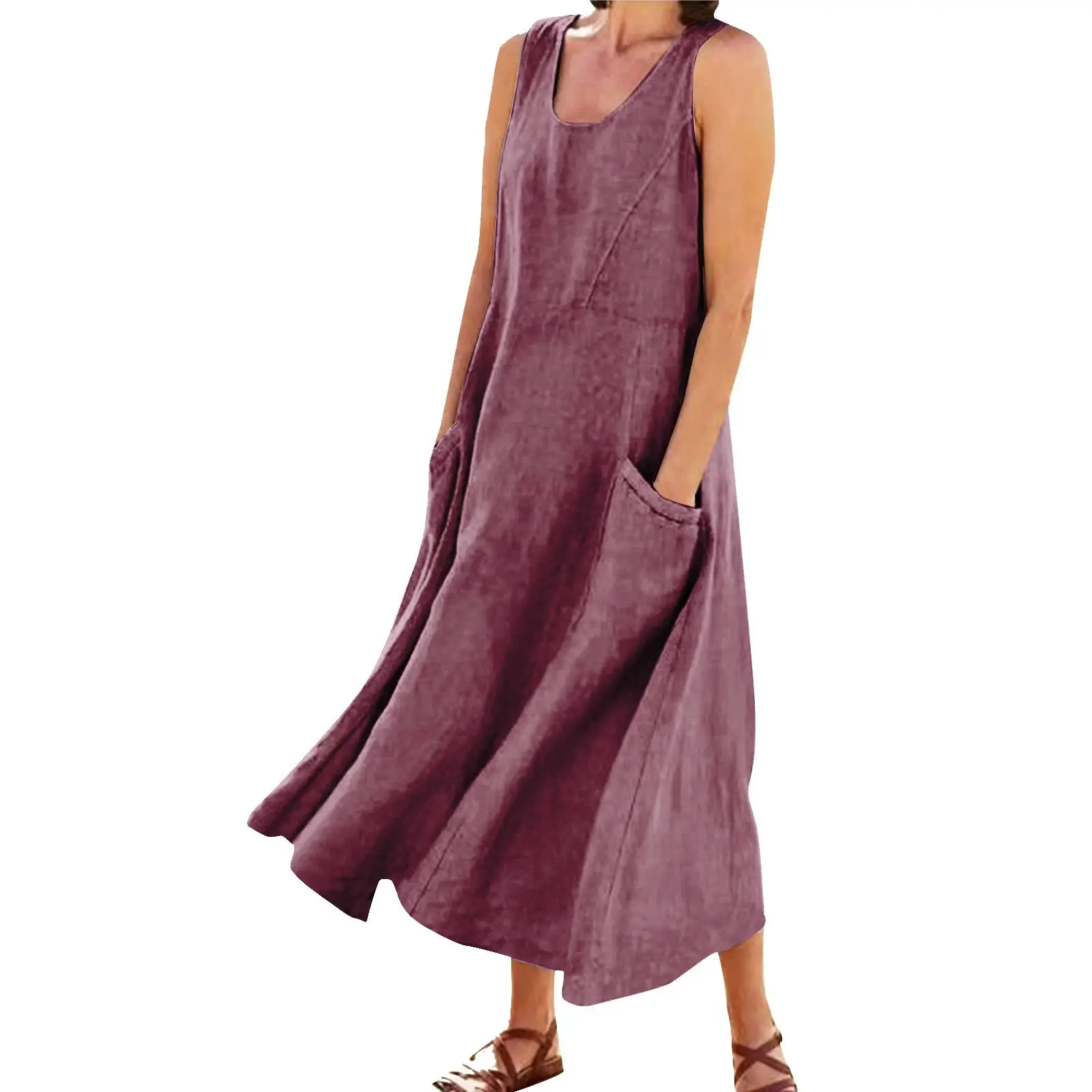 Women Cotton Linen Sleeveless Crewneck Dress Summer