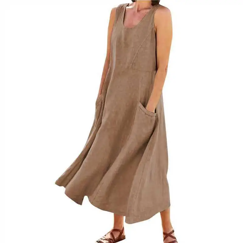 Women Cotton Linen Sleeveless Crewneck Dress Summer