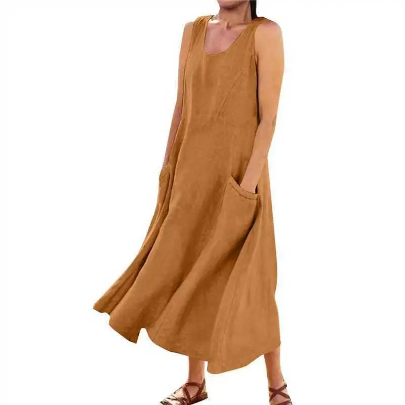 Women Cotton Linen Sleeveless Crewneck Dress Summer