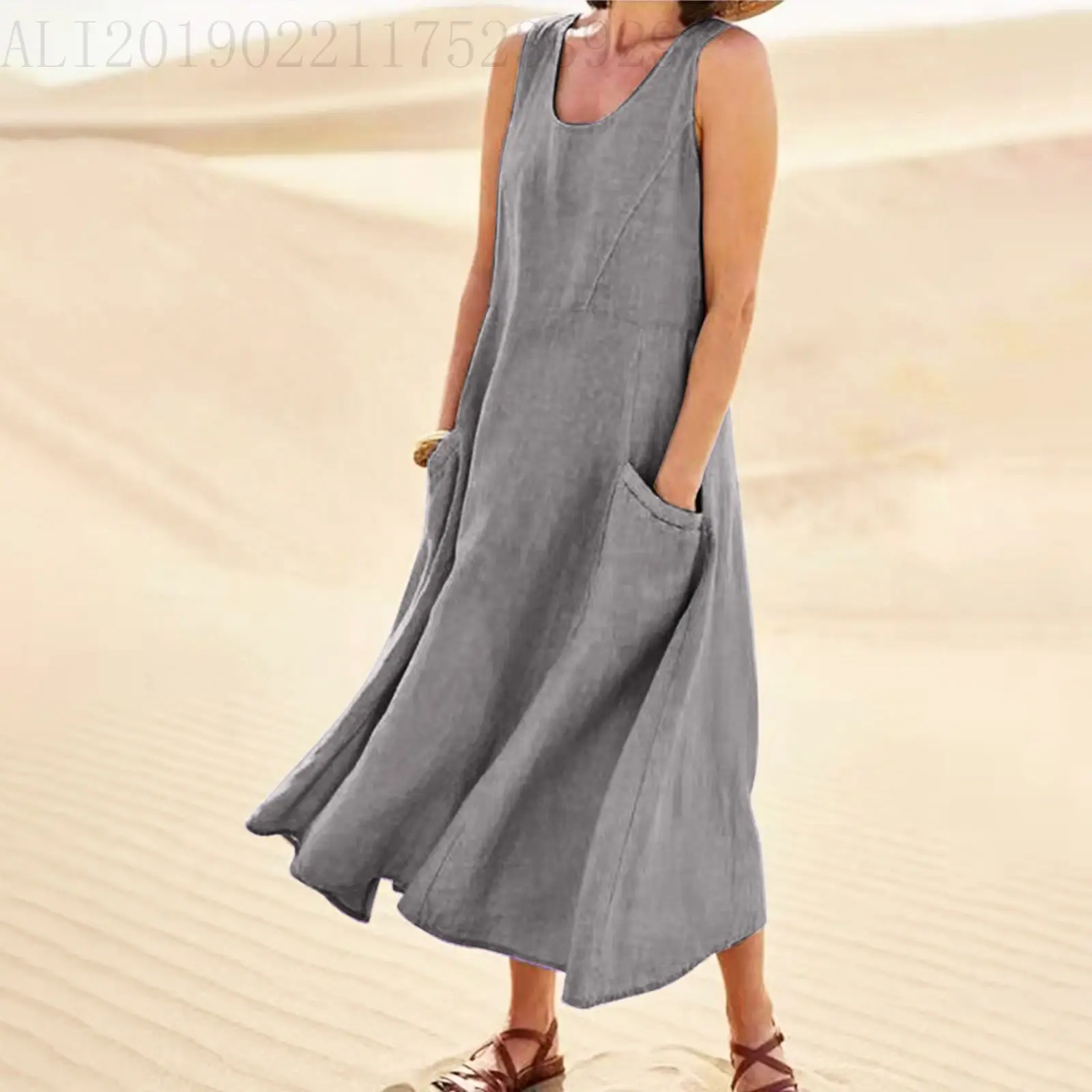 Women Cotton Linen Sleeveless Crewneck Dress Summer