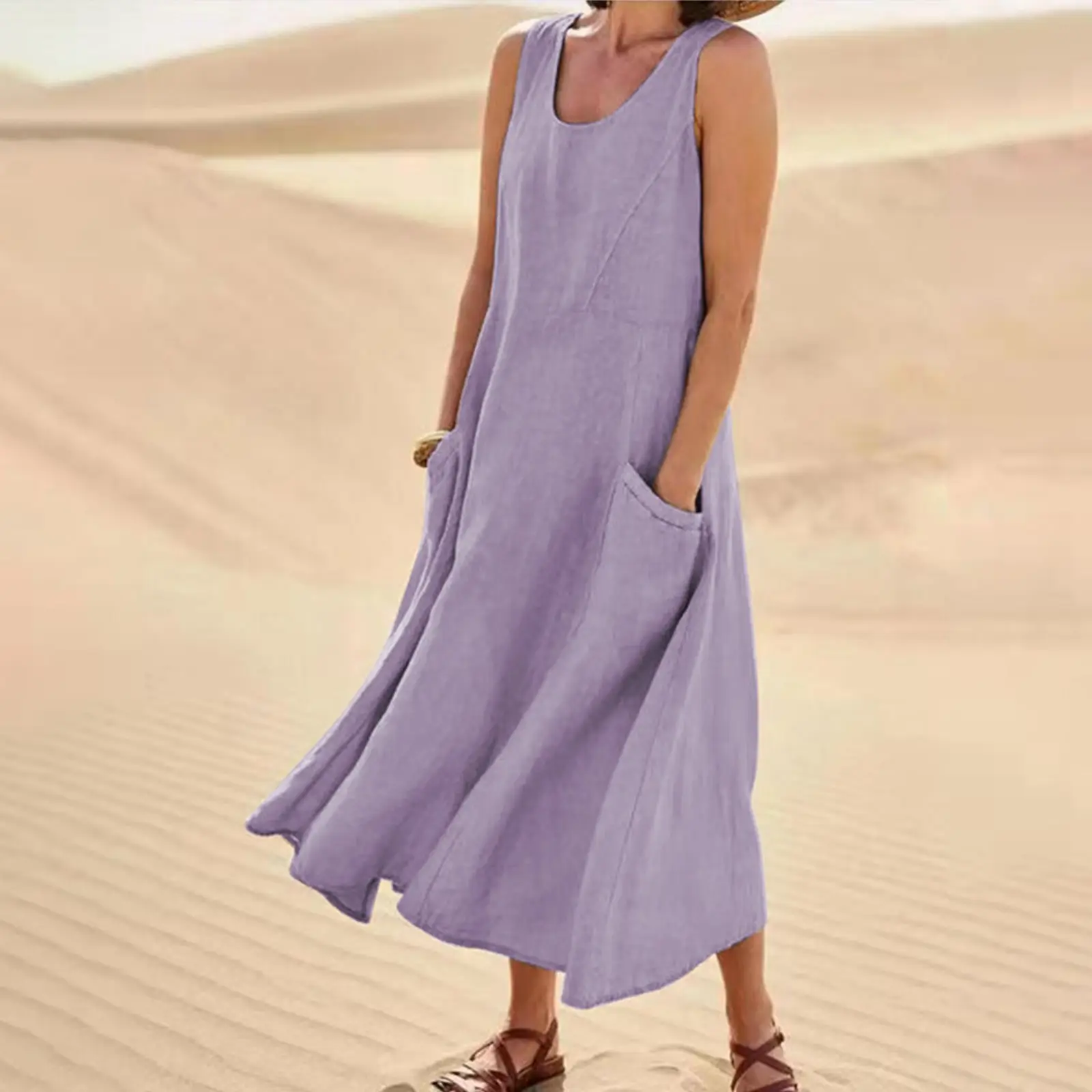 Women Cotton Linen Sleeveless Crewneck Dress Summer