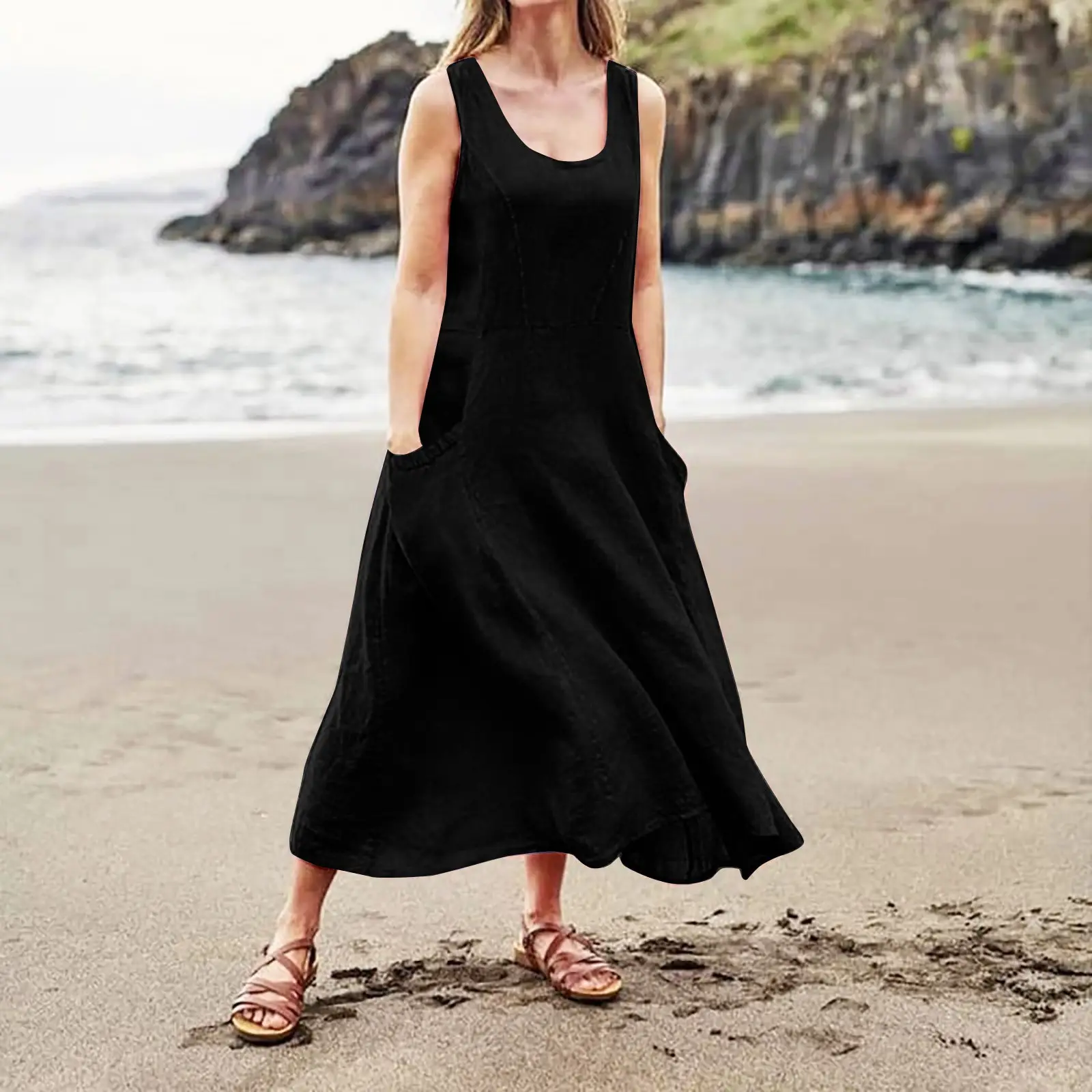 Women Cotton Linen Sleeveless Crewneck Dress Summer